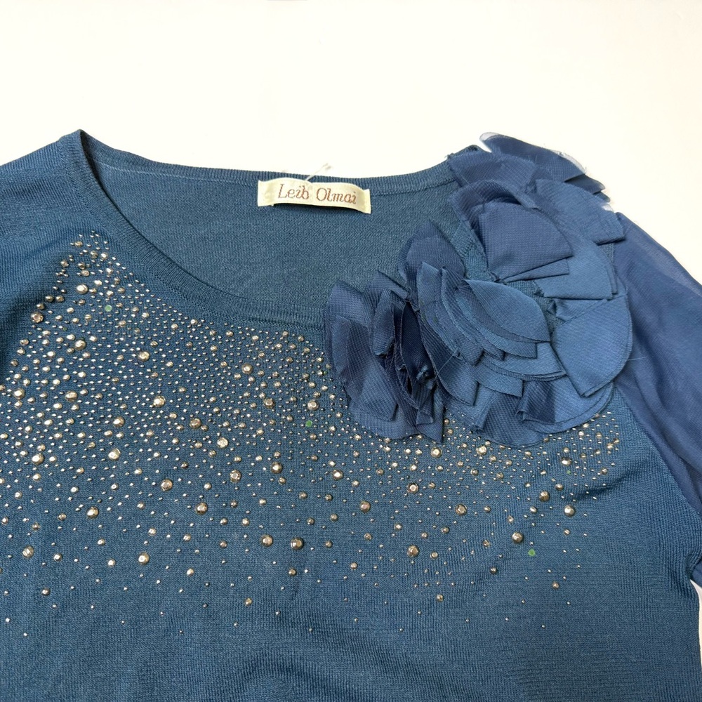 Vintage Leib Olmai Blue Studded Crew Neck Sweater with Bow Size Small - Picture 3 of 7